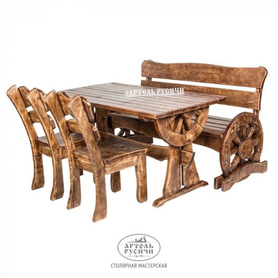 Мебель под старину для кафе на 4 персоны «Ямщик» | Стол, 2 стула и скамья