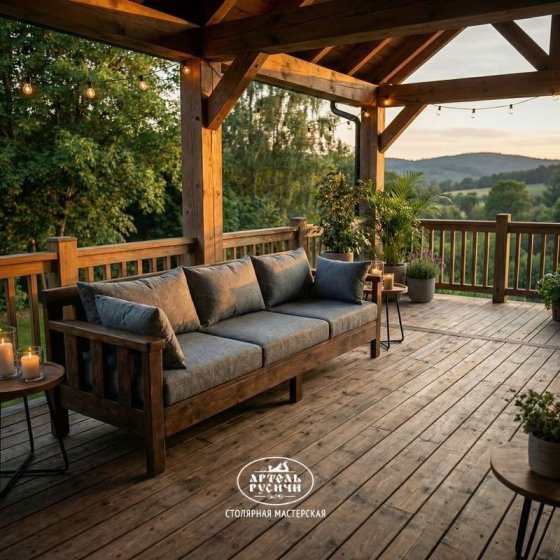 Прямой диван из массива сосны с мягкими подушками для дачи
