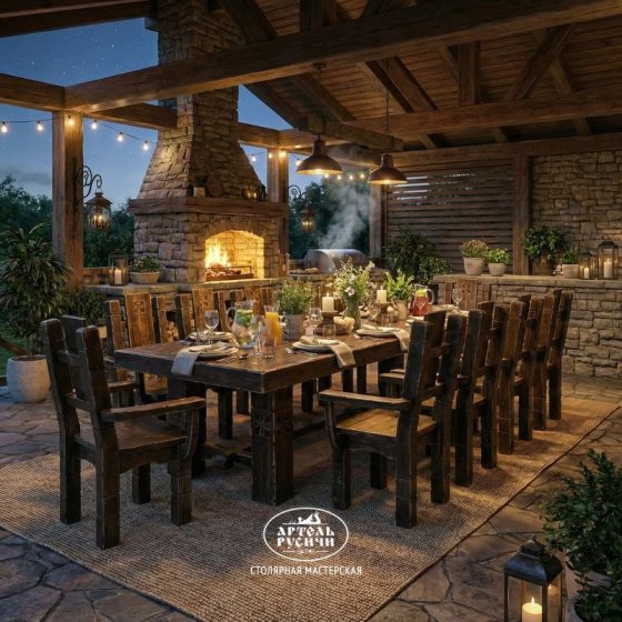 Мебель под старину для беседки на 12 персон | стол 3 м и кресла с подлокотниками «Суздальский»