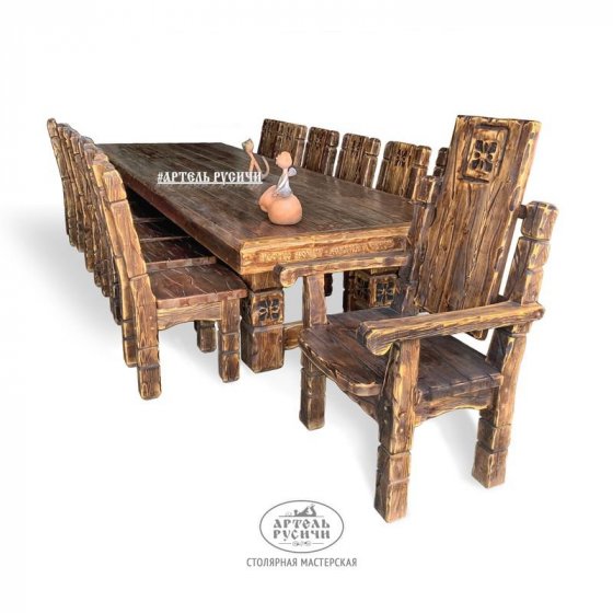 Обеденная группа под старину для бани | стол 3,5м, 10 стульев и трон «Суздальский»