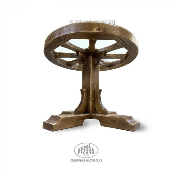 Круглый стол под старину - колесо от телеги «Ямщик» со стеклом.