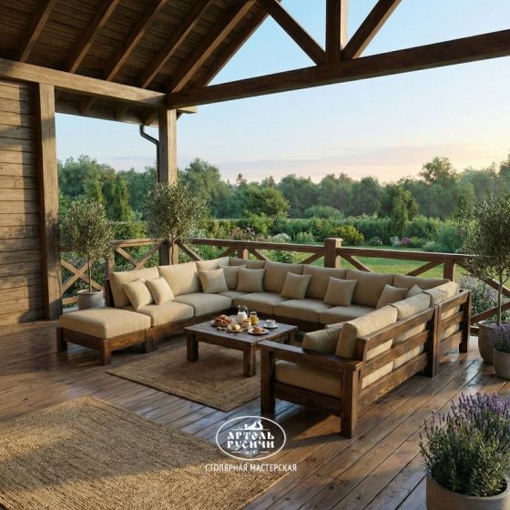 П-образный диван из массива сосны с мягкими подушками в стиле кантри