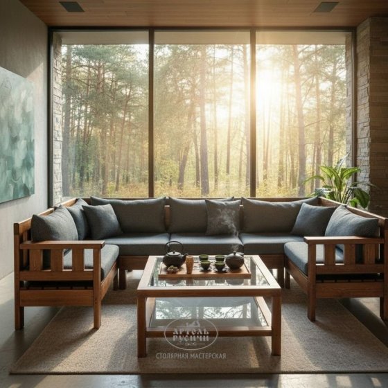 П-образный диван с мягкими подушками и журнальный столик из массива «Русский лофт» 