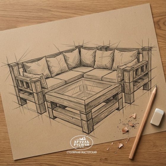 Угловой диван из массива дерева с мягкими подушками и журнальный столик в стиле лофт 