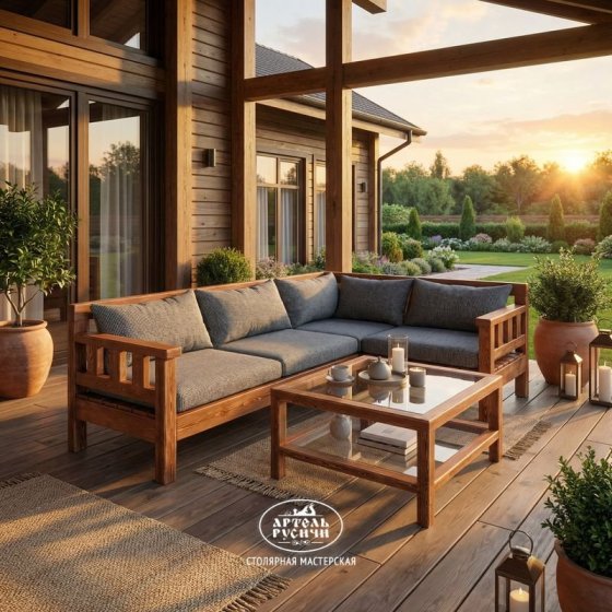 Уличный диван из дерева с мягкими подушками и столик для дачи