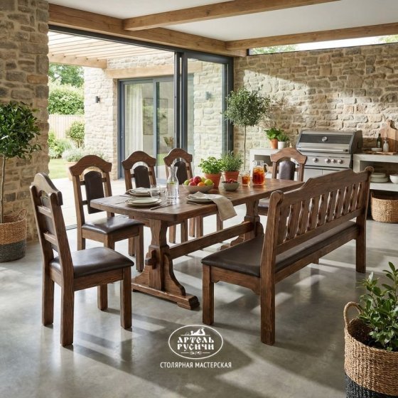 Комплект «Смоленский» из массива сосны с мягкими сиденьями 