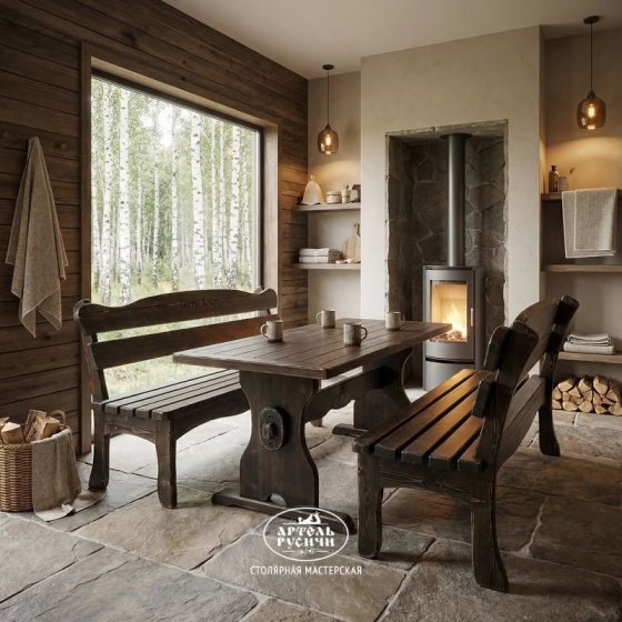 Состаренная мебель из массива «Псковская»| стол и 2 скамьи