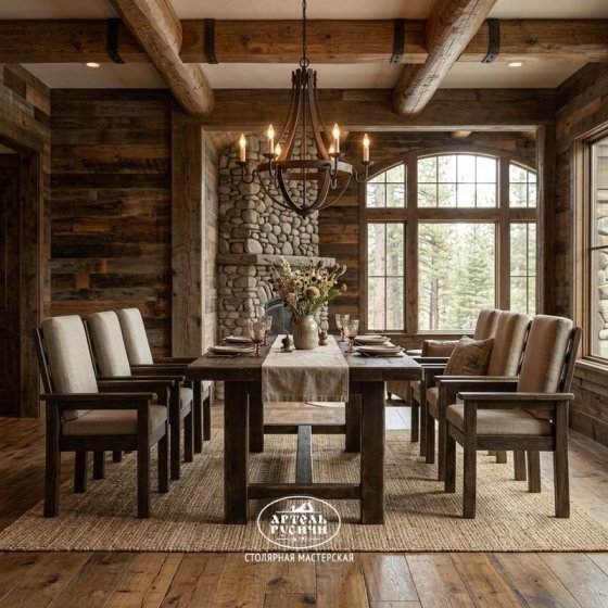 Обеденная группа «Кантри»: стол из массива северной сосны и 6 стульев с подушками и подлокотниками