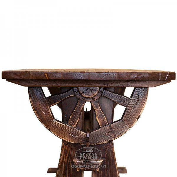 Характеристики Деревянный стол под старину 1,8 — 2 м с колесом от телеги «Ямщик»