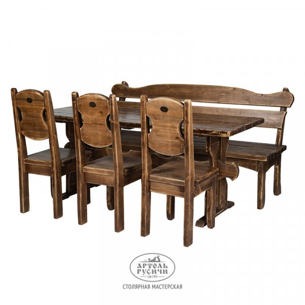 Характеристики Комплект мебели под старину для кафе «Псковский» | стол, 3  стула и скамья