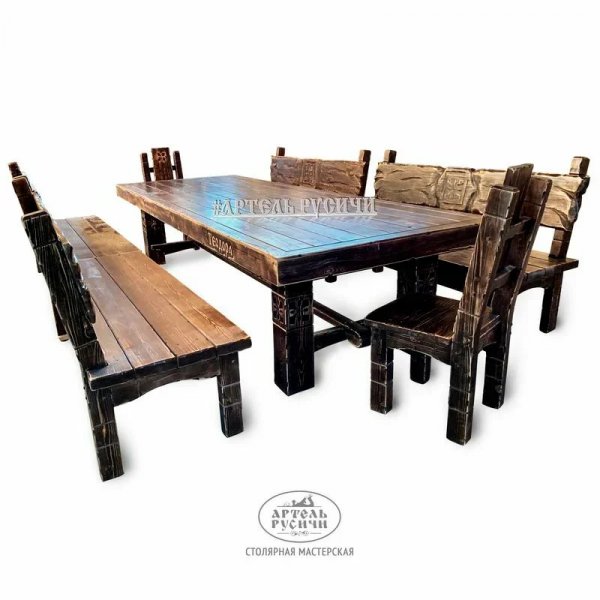 Характеристики Комплект мебели под старину «Суздальский» | стол, 4 скамьи и 2 стула