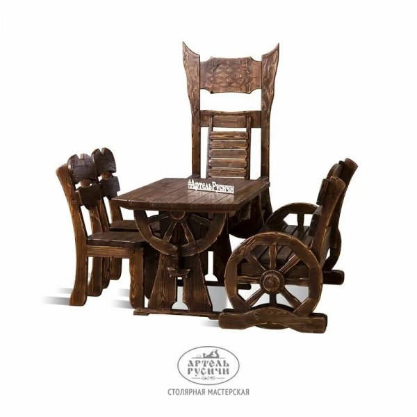 Характеристики Комплект мебели под старину «Ямщик» | стол, 2 стула, скамья и трон