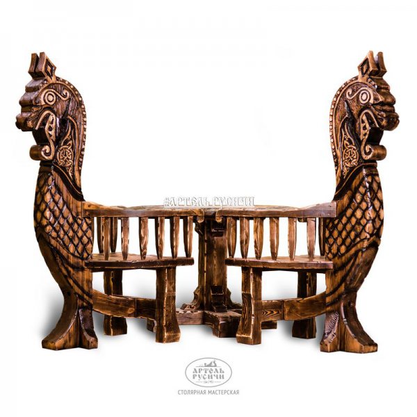 Характеристики Круглый стол из дерева с резьбой под старину и 2 резных кресла | «Щит Викинга»