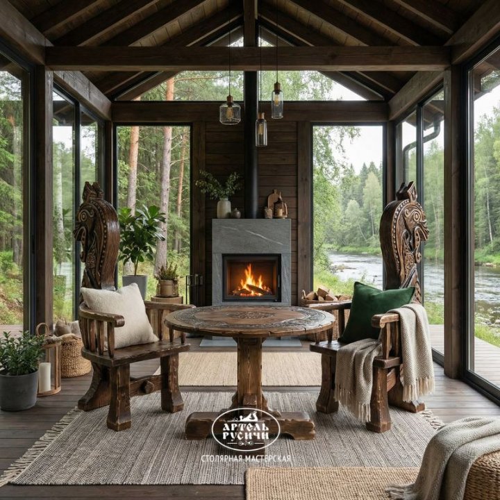 Характеристики Круглый стол из дерева с резьбой под старину и 2 резных кресла | «Щит Викинга»