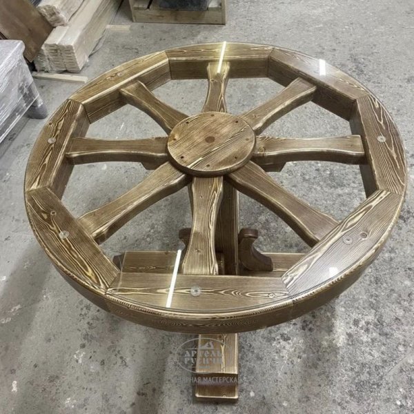 Характеристики Круглый стол под старину - колесо от телеги «Ямщик» со стеклом.