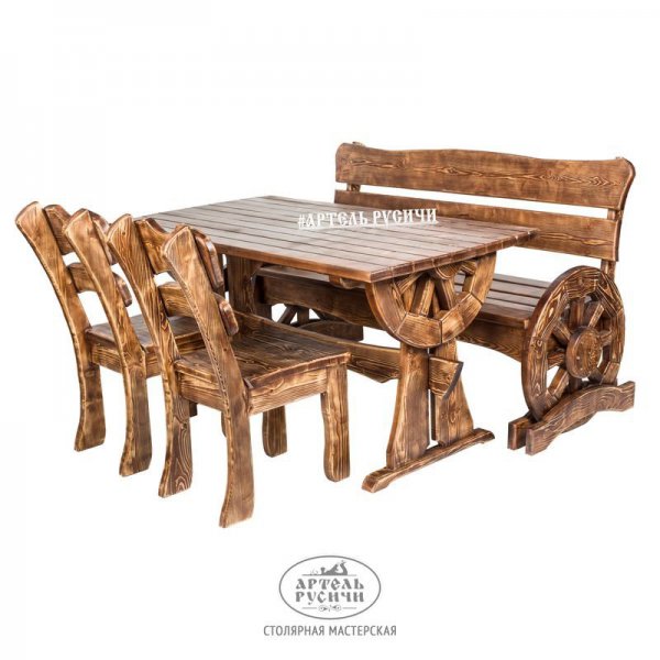 Характеристики Мебель под старину для кафе на 4 персоны «Ямщик» | Стол, 2 стула и скамья