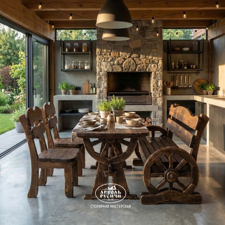 Характеристики Мебель под старину для кафе на 4 персоны «Ямщик» | Стол, 2 стула и скамья