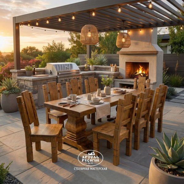 Характеристики Обеденная группа из массива сосны для зоны барбекю, бани, кухни-столовой