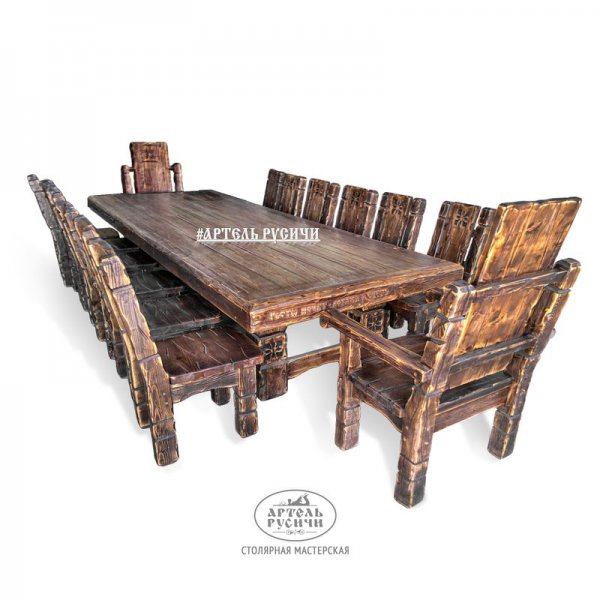 Характеристики Обеденная группа под старину для бани | стол 3,5м, 10 стульев и трон «Суздальский»