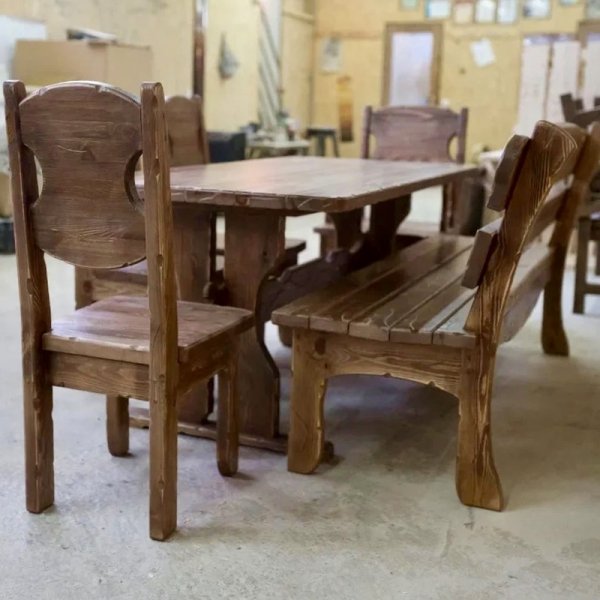 Характеристики Обеденная группа под старину «Псковская» | стол, скамья, кресло и 3 стула