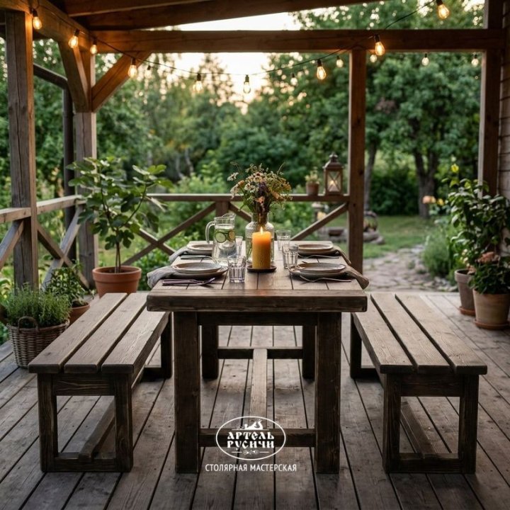 Характеристики Обеденная группа в стиле кантри: стол и две лавки из массива северной сосны