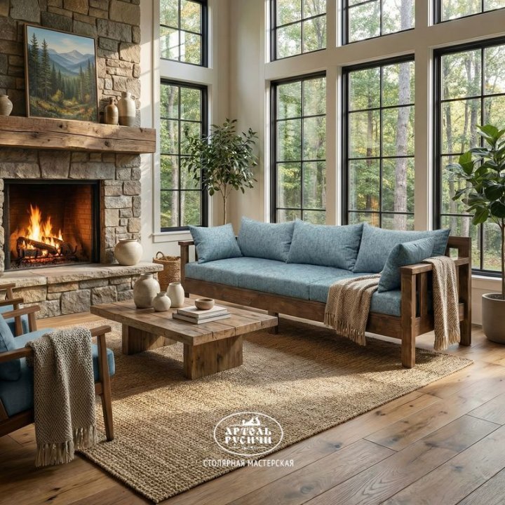 Характеристики Прямой диван из массива сосны с мягкими подушками для дачи