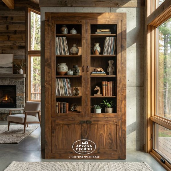 Характеристики Шкаф из массива дерева со стеклянными дверцами для книг и коллекций