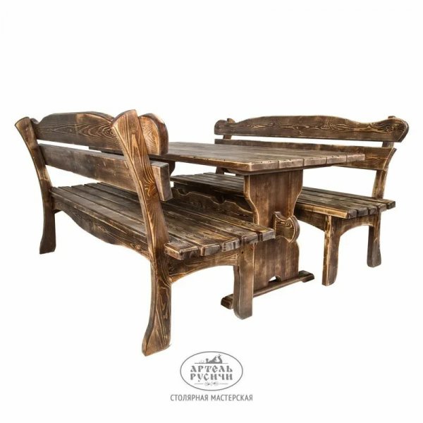 Характеристики Состаренная мебель из массива дерева «Псковская»| стол и 2 скамьи