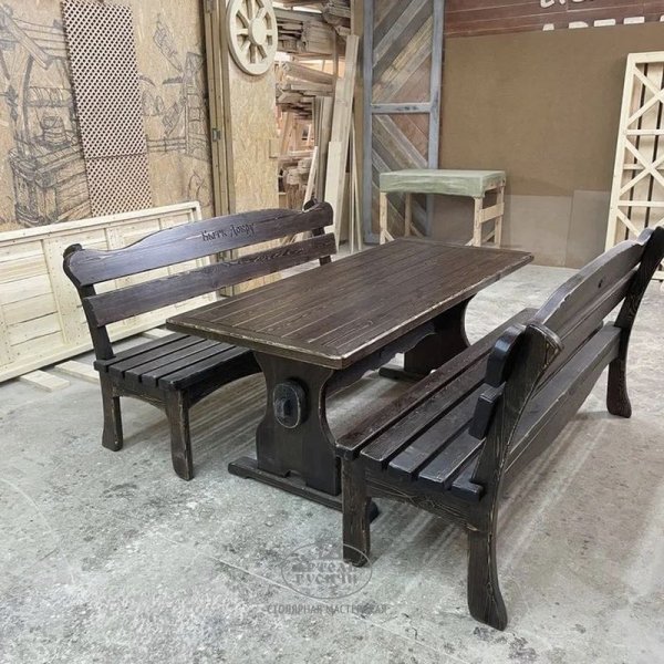 Характеристики Состаренная мебель из массива «Псковская»| стол и 2 скамьи