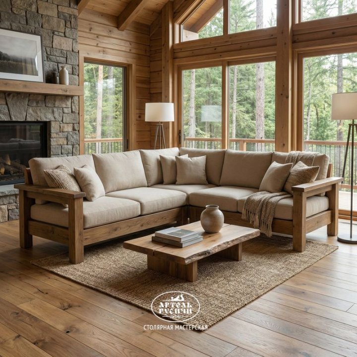 Характеристики Угловой диван из массива дуба с мягкими подушками