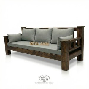 Прямой диван «Суздальский» из массива дерева в стиле лофт с мягкими подушками