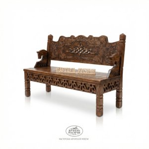 Дизайнерская скамья под старину из массива дерева с резьбой 