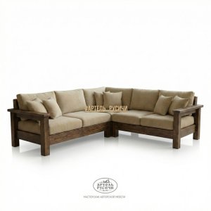 Угловой диван из массива северной сосны с мягкими подушками в стиле кантри