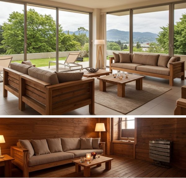 Диванная группа - п-образный деревянный диван с подушками