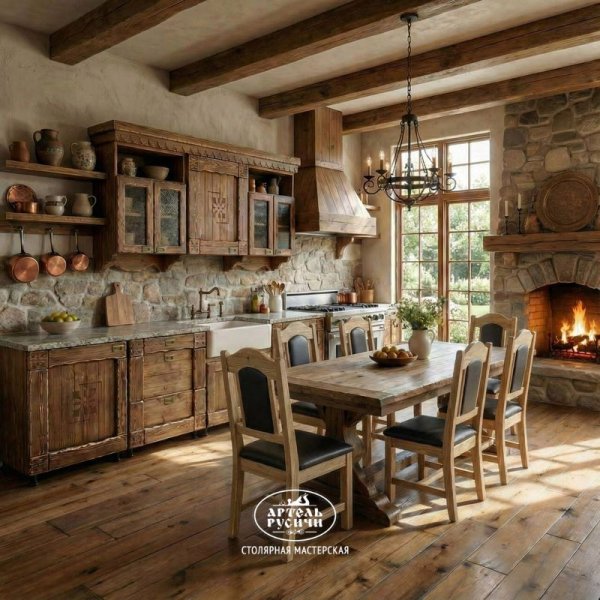 Кухонный гарнитур и обеденная группа из массива дерева для кухни-столовой