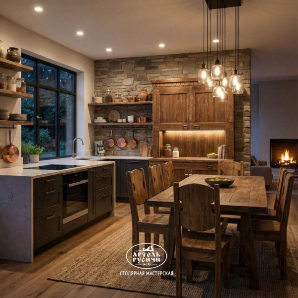 Буфет и обеденная группа из натурального дерева для кухни-столовой