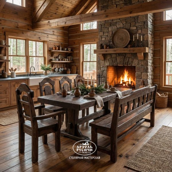 Обеденная группа из массива северной сосны в интерьере кухни-столовой