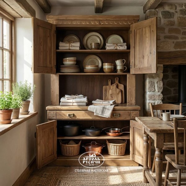 Деревянный буфет в интерьере кухни-столовой
