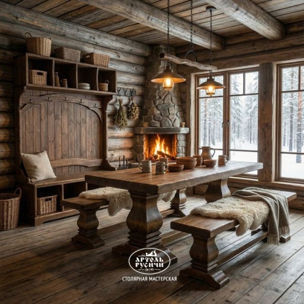 Прихожая, стол, лавочки для комнаты отдыха в бани