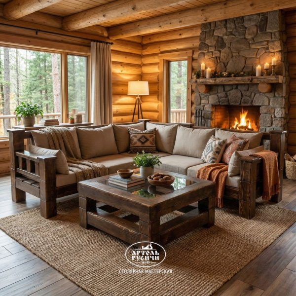 Угловой диван с подушками и журнальный столик из массива дерева