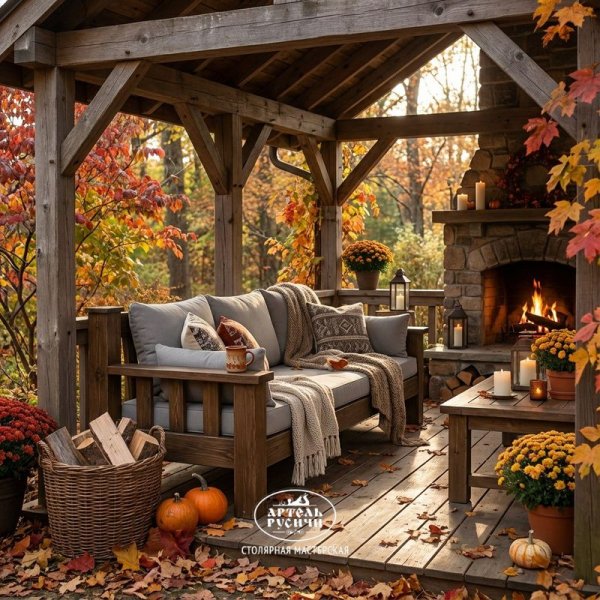 Диван из массива с подушками и журнальный столик для беседки