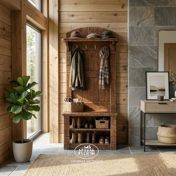 Вешалка и обувница из массива дерева в прихожей