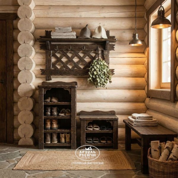 Вешалка-панно и обувницы из массива для бани