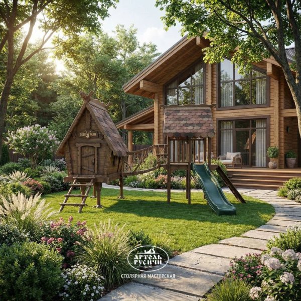 Детская игровая площадка из массива в саду
