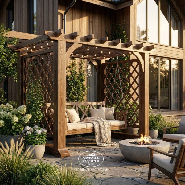 Качели с перголой из массива сосны в саду