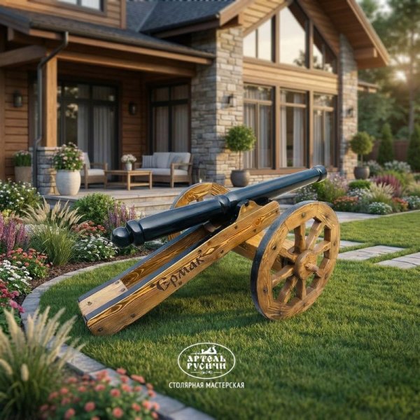 Декор для сада пушка из массива дерева