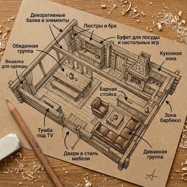 Прихожая, стол, лавочки для комнаты отдыха в бани