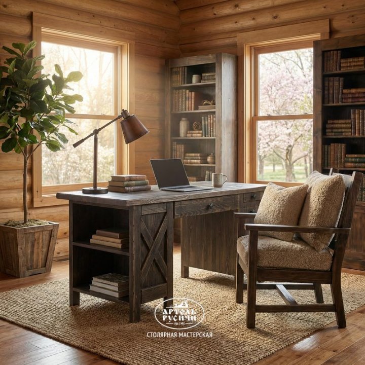 Письменный рабочий стол из массива дерева в кабинете загородного дома