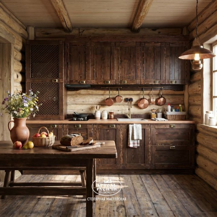Кухня из массива дерева под старину в интерьере загородного дома