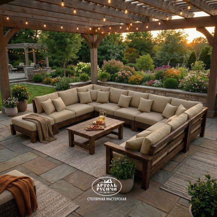 Уличный садовый П-образный диван из массива дерева в беседке
